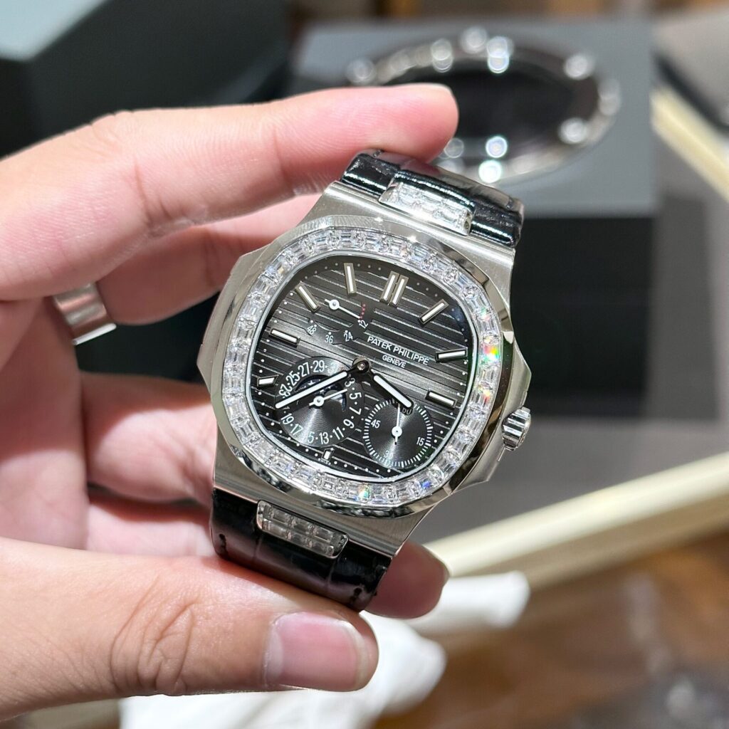 Patek Philippe Nautilus 5724G (GRF Super Clone) 40mm 18k White Gold Plated 316L Stainless Steel Diamond Encrusted Bezel Gray Dial – Automatic Caliber GRF