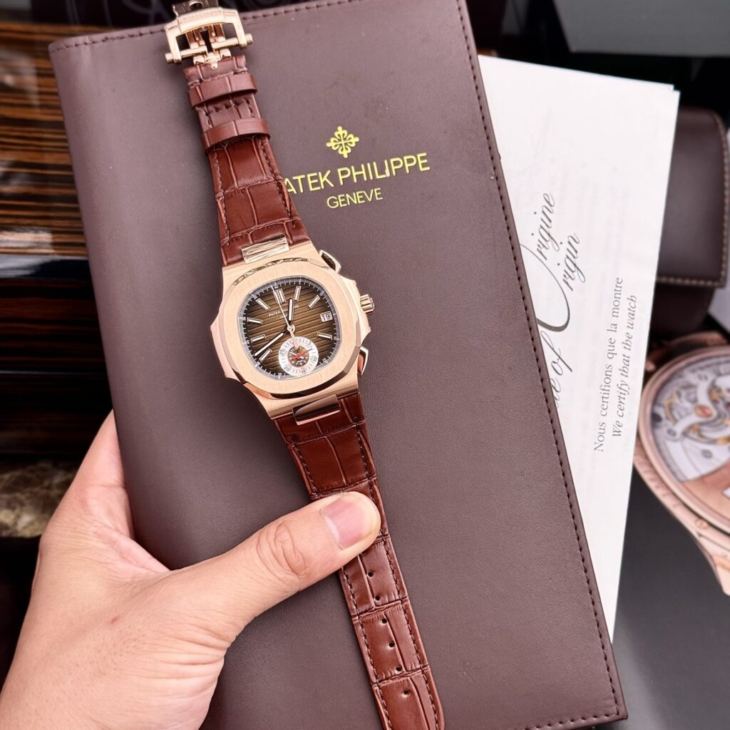 Patek Philippe Nautilus 5980 40mm SS (Super Clone) Brown Dial on Genuine Leather Strap – Automatic Calibre 28800 bph