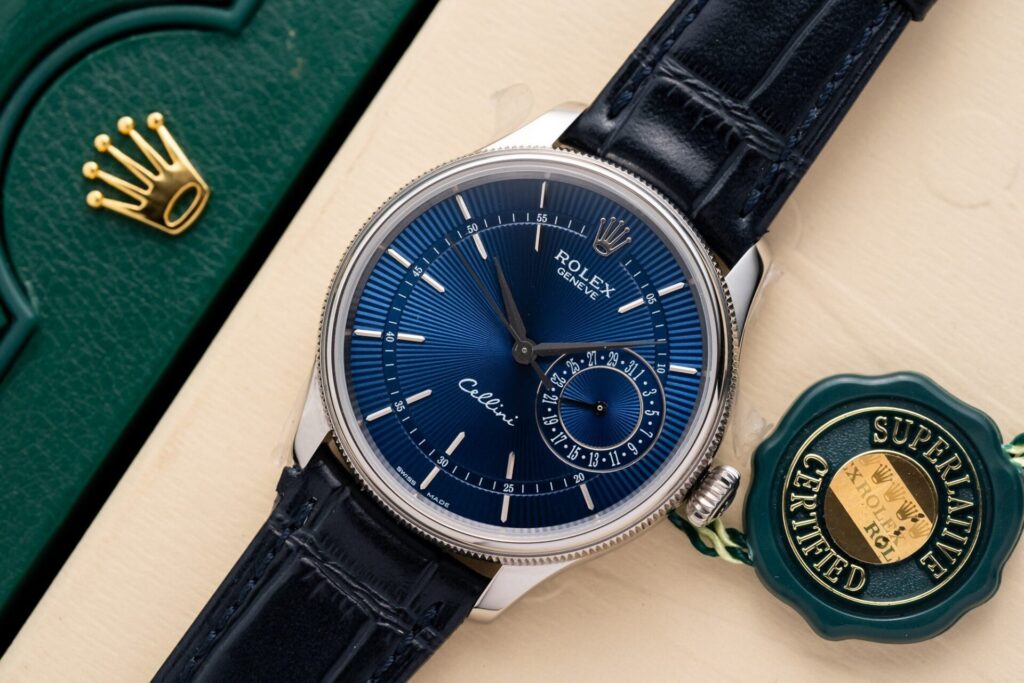 Rolex Cellini Date 50519 39mm 18 ct Gold (Super Clone 1:1) Blue Dial on Leather Strap – Automatic Movement