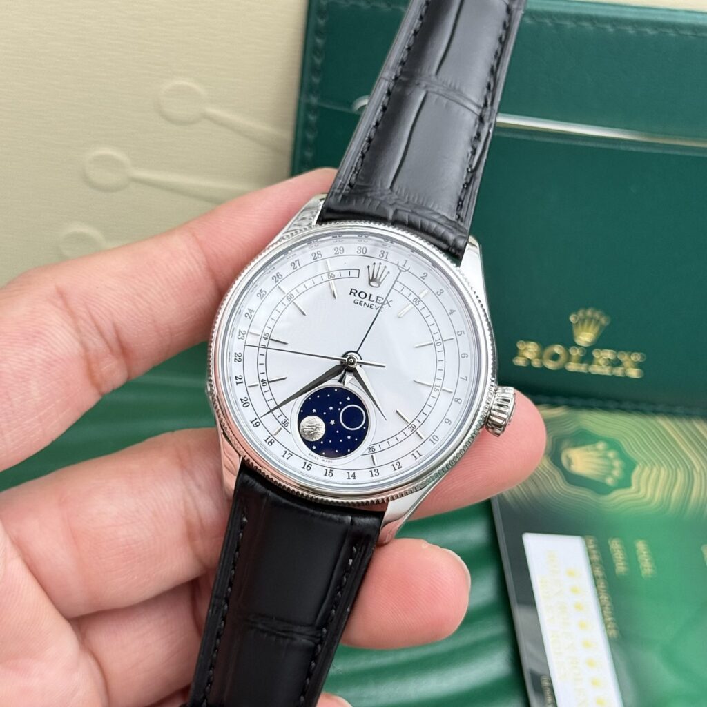 Rolex Cellini Moonphase 39mm 18 ct Gold (Super Clone) White Dial on Leather Strap – Automatic Movement