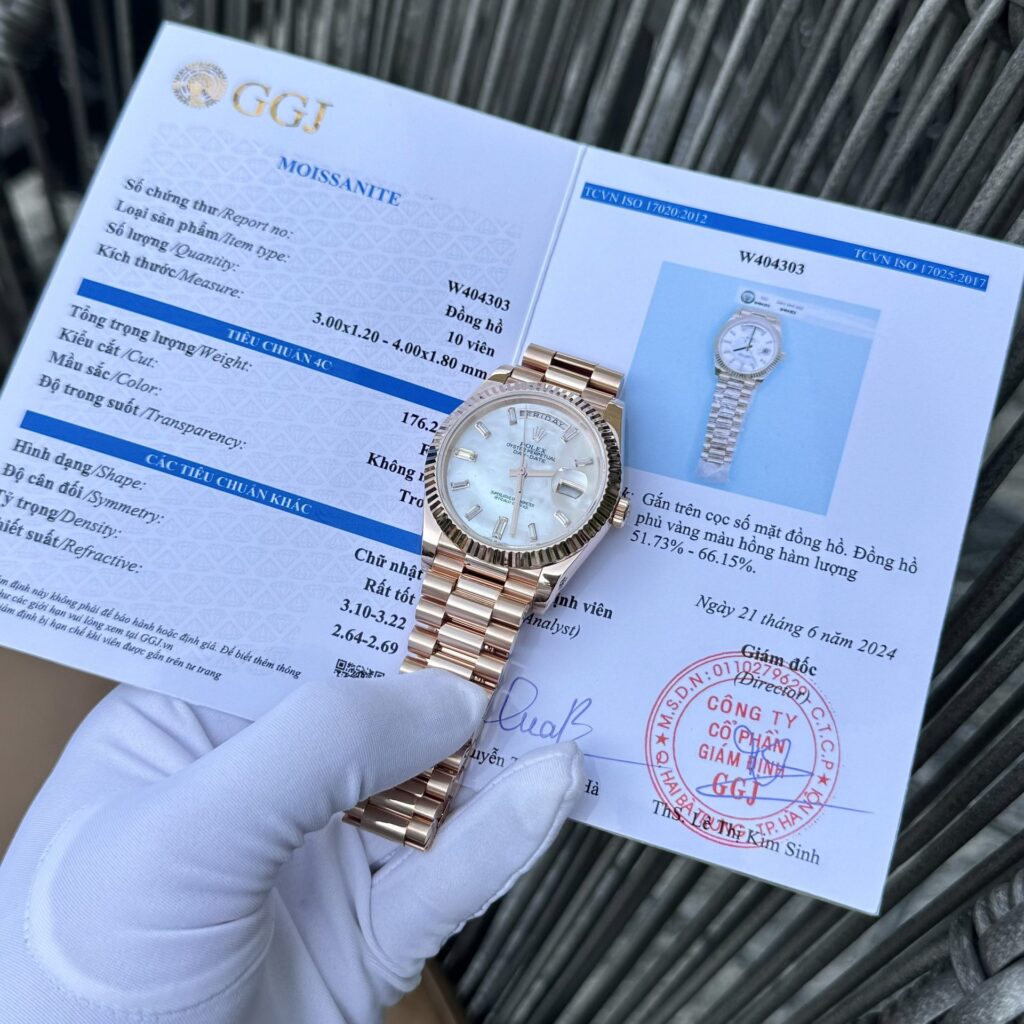 Rolex Day-Date 40mm Gold-Wrapped (GM Factory Super Clone) Mother of Pearl Dial with Moissanite Markers – Automatic Movement