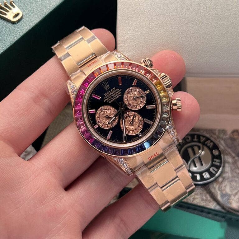 Rolex Cosmograph Daytona 116595RBOW 40mm Everose Gold (Noob Super Clone) Black Dial with Multicolor Baguette-cut Sapphire Bezel – Automatic Movement