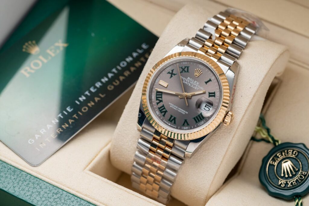 Rolex DateJust Wimbledon 36mm Gold Wrapped (GM Factory Super Clone) Slate Dial with Green Roman Numerals on Gold Wrapped Jubilee Bracelet – Rolex Super Clone