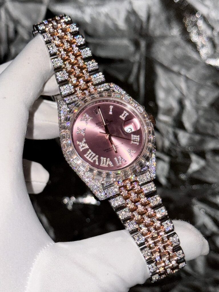 Rolex DateJust 41mm SS (Super Clone) Full Moissanite Diamond Pink Dial – Calibre 3135 Automatic