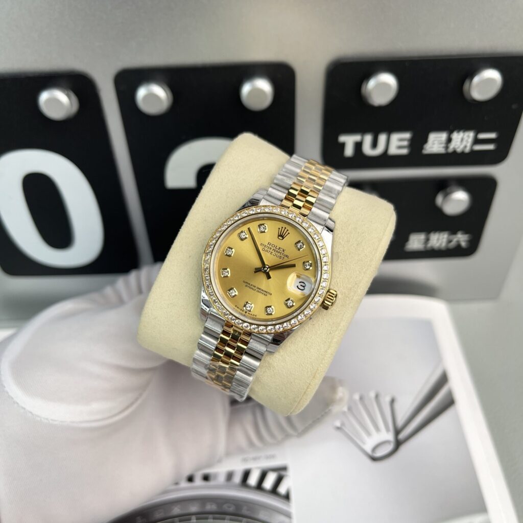 Rolex DateJust 31mm SS (EW Factory Super Clone) Champagne Dial with Stone Bezel – Calibre 2836