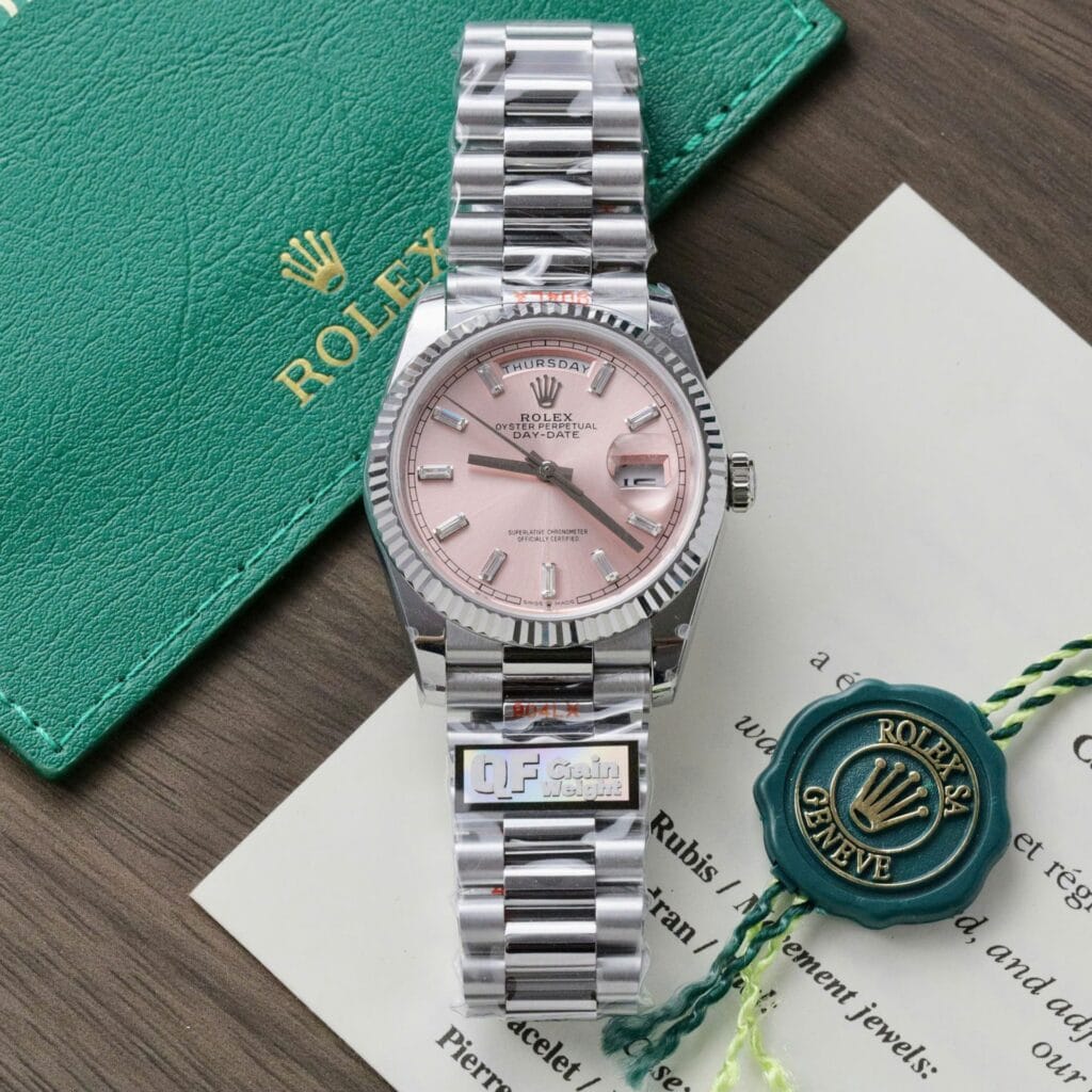 Rolex Day-Date 128236 36mm SS (QF Super Clone) Pink Dial on Stainless Steel President Bracelet – Automatic Caliber 28800 bph
