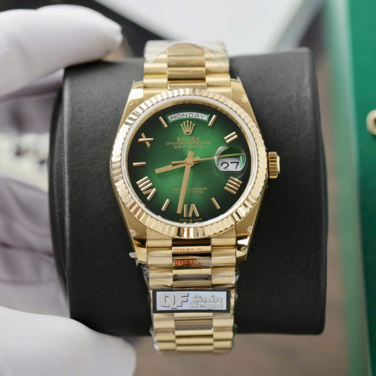 Rolex Day-Date 128238 36mm Yellow Gold (QF Super Clone) Green Ombre Dial with Fluted Bezel – Calibre 3255 Automatic