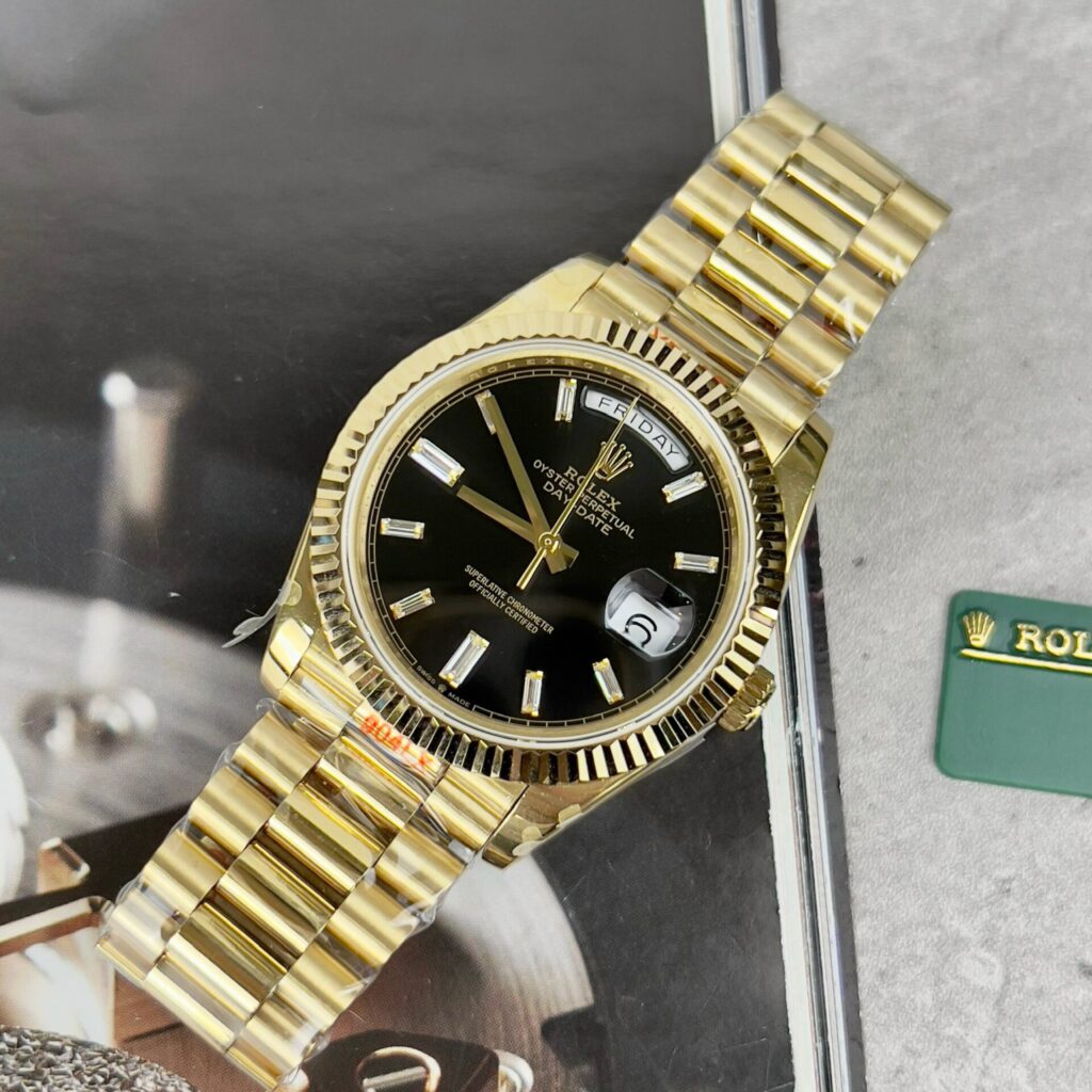 Rolex Day-Date 228238 (GM Factory Super Clone 11) 40mm 18K Yellow Gold Plated Stainless Steel Black Dial on President Bracelet – Automatic Caliber GM