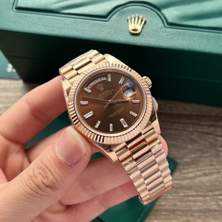Rolex Day-Date 228345RBR 40mm Rose Gold (EW Factory Super Clone) Chocolate Brown Dial with Diamond Markers on Rose Gold President Strap – Caliber 3255 Automatic