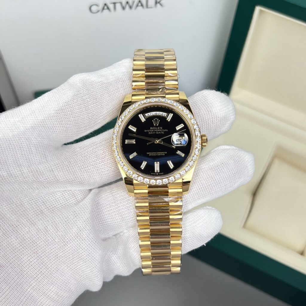 Rolex Day-Date 40mm 18K Gold Wrapped (GM V2 Super Clone) Black Dial with Diamond Bezel – Artefact Automatic
