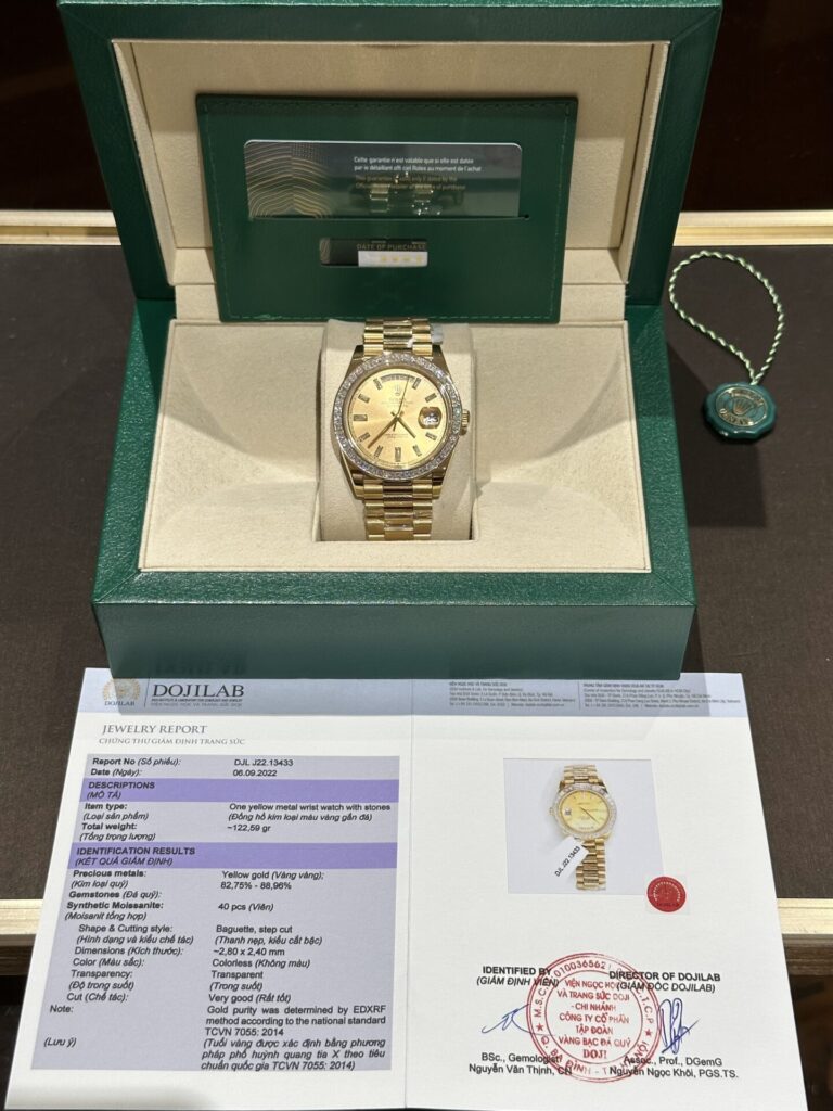 Rolex Day-Date 40mm Gold Wrapped Stainless Steel (Super Clone) Champagne Dial with Moissanite Baguette Diamonds – Clone Caliber 3255