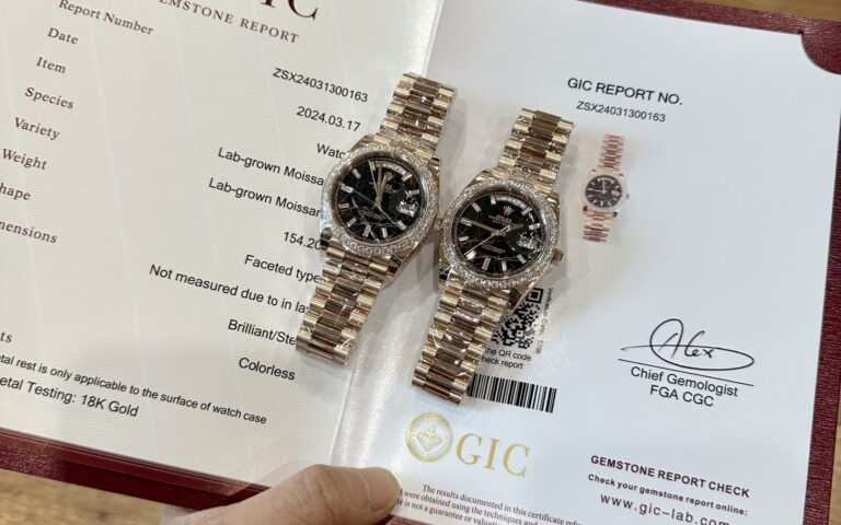 Rolex Day-Date 40mm Gold Wrapped (GS Factory Super Clone) Eisenkiesel Dial with Moissanite Diamond Markers – Rolex 3255 Clone
