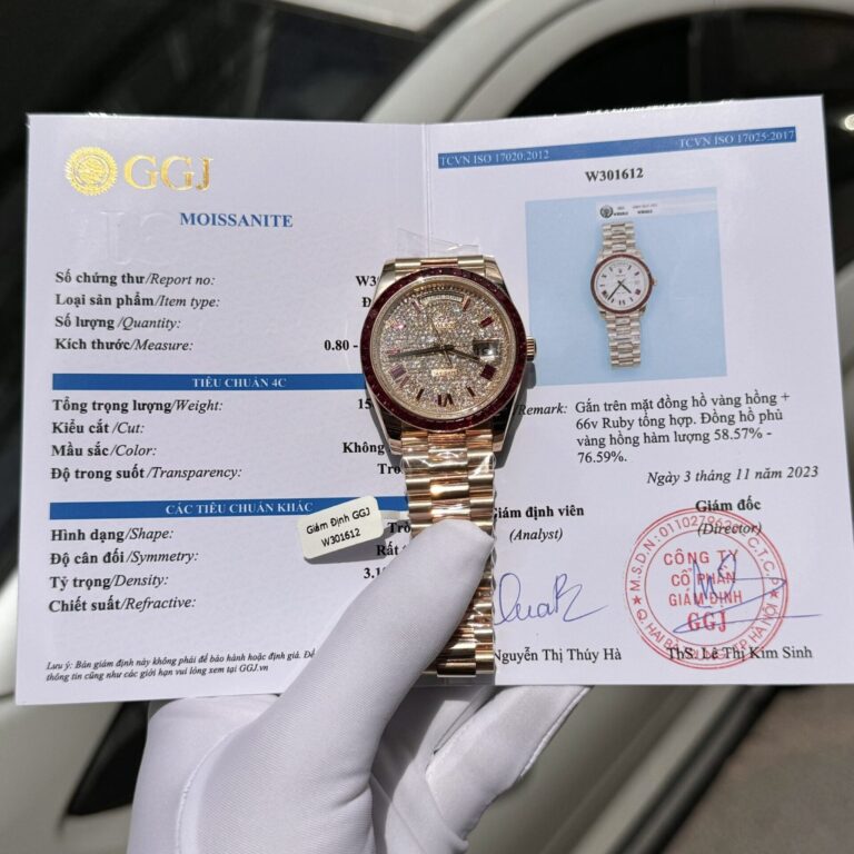 Rolex Day-Date 40mm SS (GM Factory Super Clone) Ruby Red Dial with Baguette Moissanite Diamonds – Caliber 3255