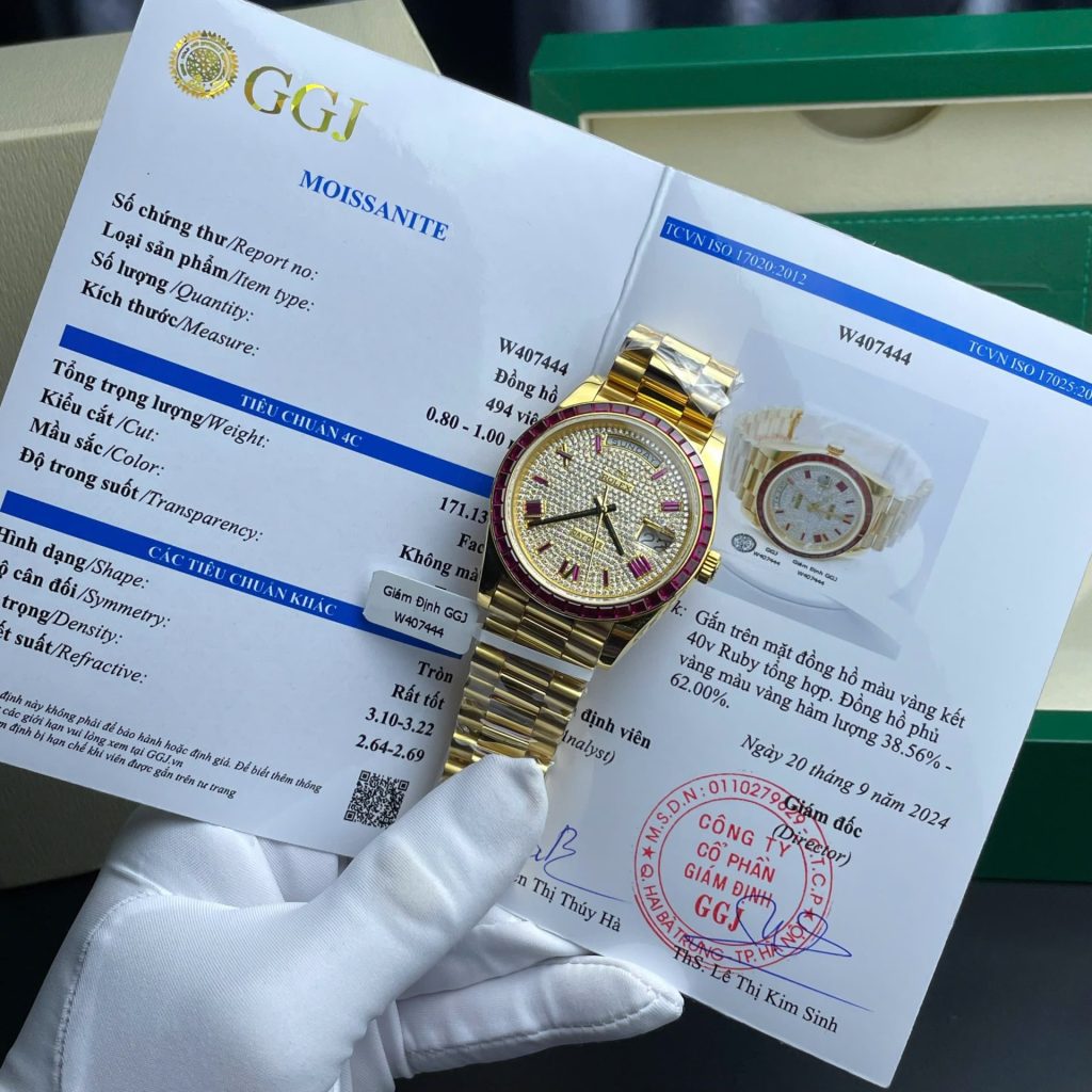 Rolex Day-Date 40mm Gold Wrapped (GM Factory Super Clone) Ruby Red Dial with Moissanite Diamond Bezel – Automatic Movement