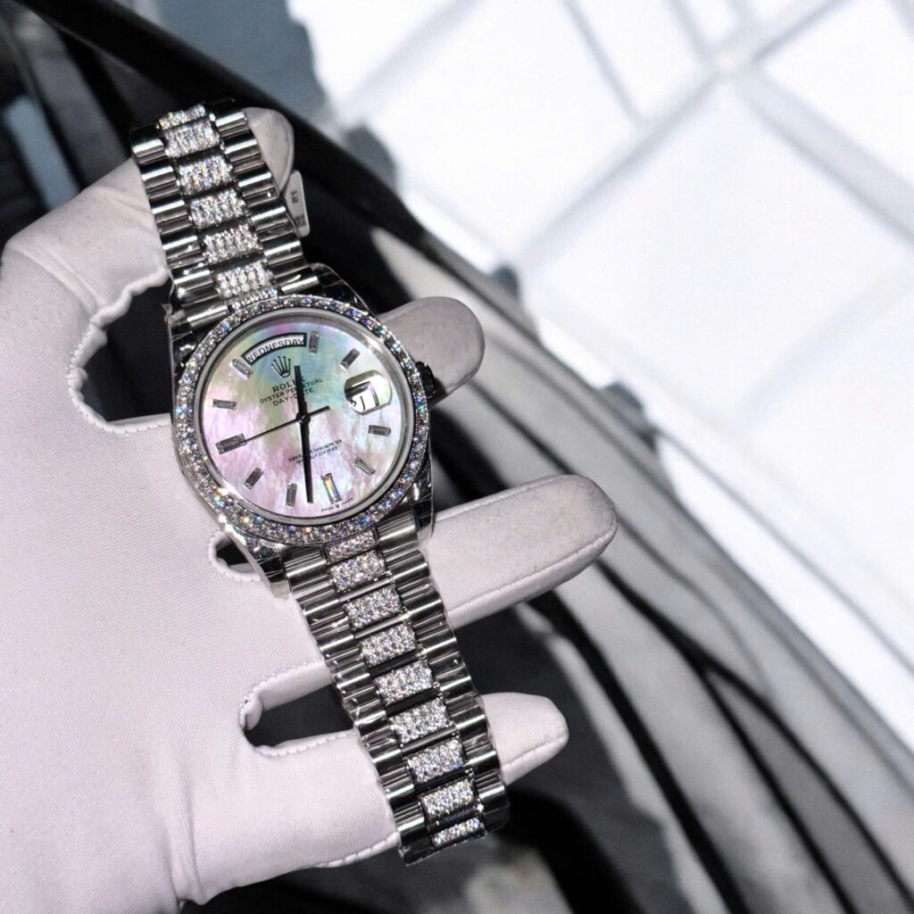 Rolex Day-Date 40mm (Super Clone) Mother of Pearl Dial with Moissanite Diamonds – Hong Kong