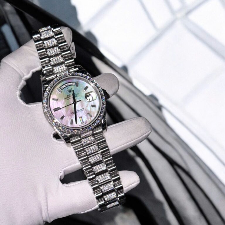Rolex Day-Date 40mm (Super Clone) Mother of Pearl Dial with Moissanite Diamonds – Hong Kong