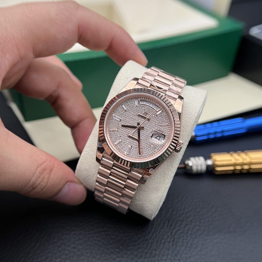 Rolex Day-Date Full Diamond Dial 40mm SS (GM Factory Super Clone) Diamond Bezel – Asia Clone 3255 Automatic Movement