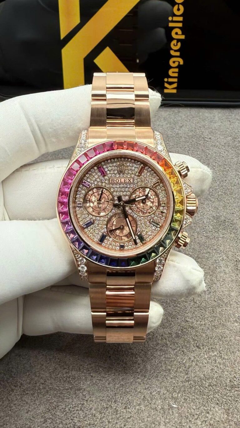 Rolex Daytona Rainbow (Super Clone) 40mm Solid Gold with Natural Diamond Bezel – Black Dial with Rainbow Hour Markers
