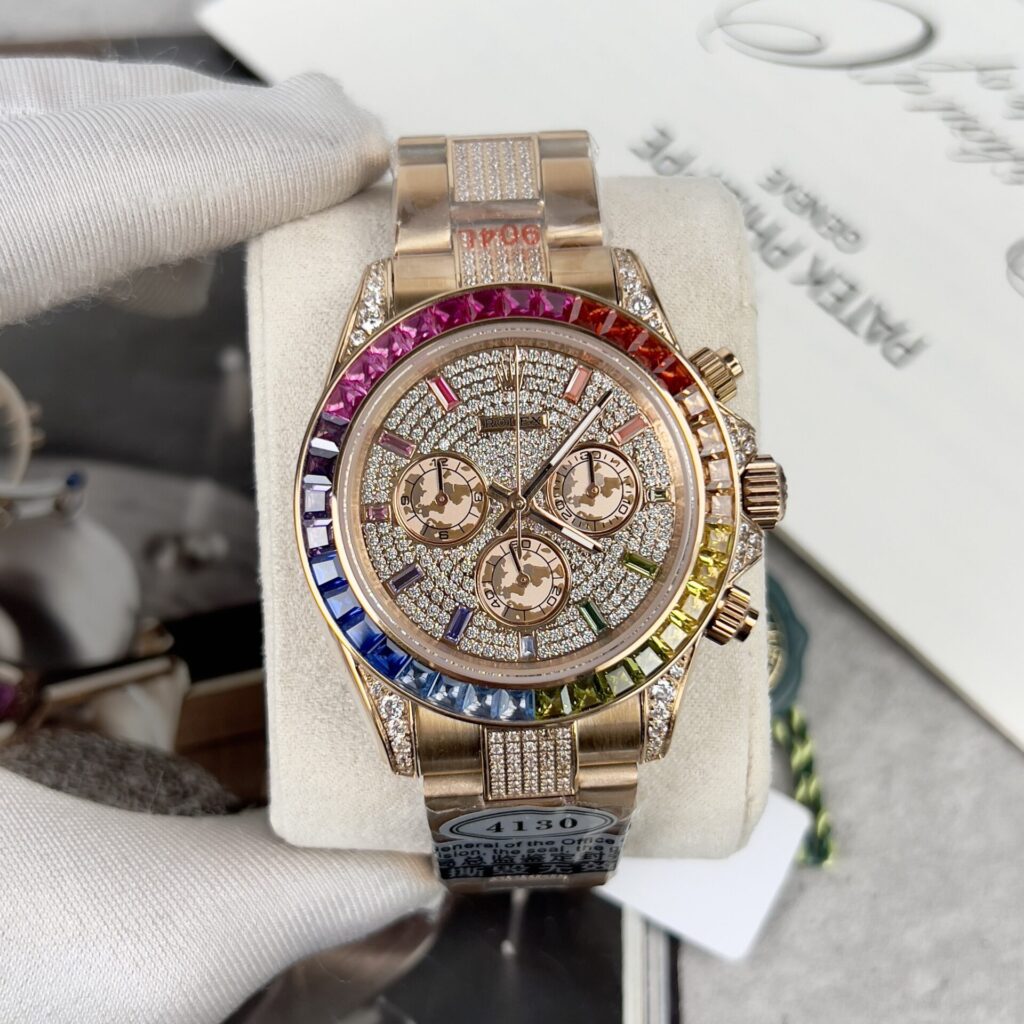 Rolex Daytona Rainbow 40mm SS (Super Clone) Full Diamond Bezel on Black Dial – Automatic Mechanical (28,800 vph)