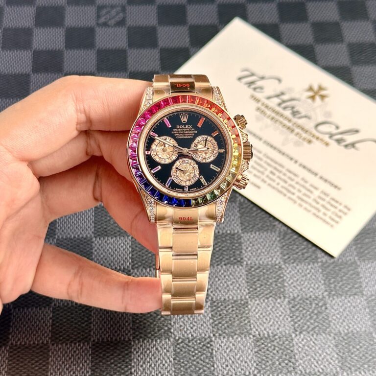 Rolex Daytona Rainbow 40mm SS (NOOB Super Clone) Black Dial with Rainbow Colored Gemstone Bezel – Automatic Chronograph