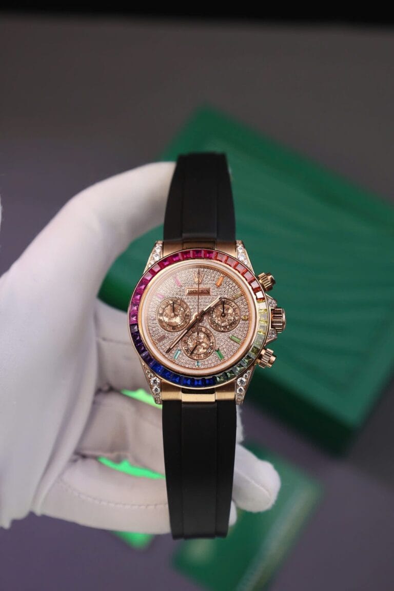 Rolex Daytona Rainbow 40mm SS (MS Factory Super Clone) Black Dial with Colorful Gem Bezel on Rubber Strap – Super Clone Daytona Movement