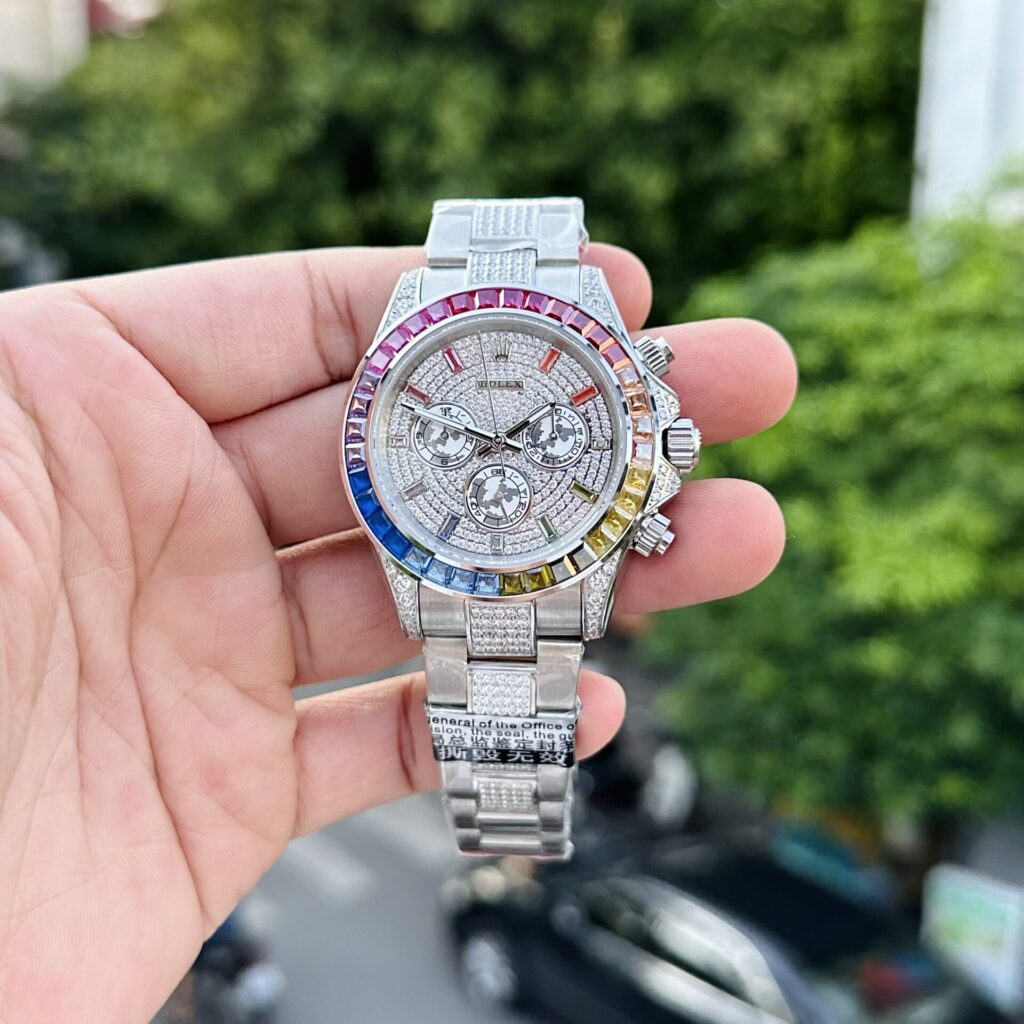 Rolex Daytona Rainbow 40mm SS (Super Clone) Full Stone Dial with Rainbow-colored Diamond Bezel – Automatic Calibre 4130