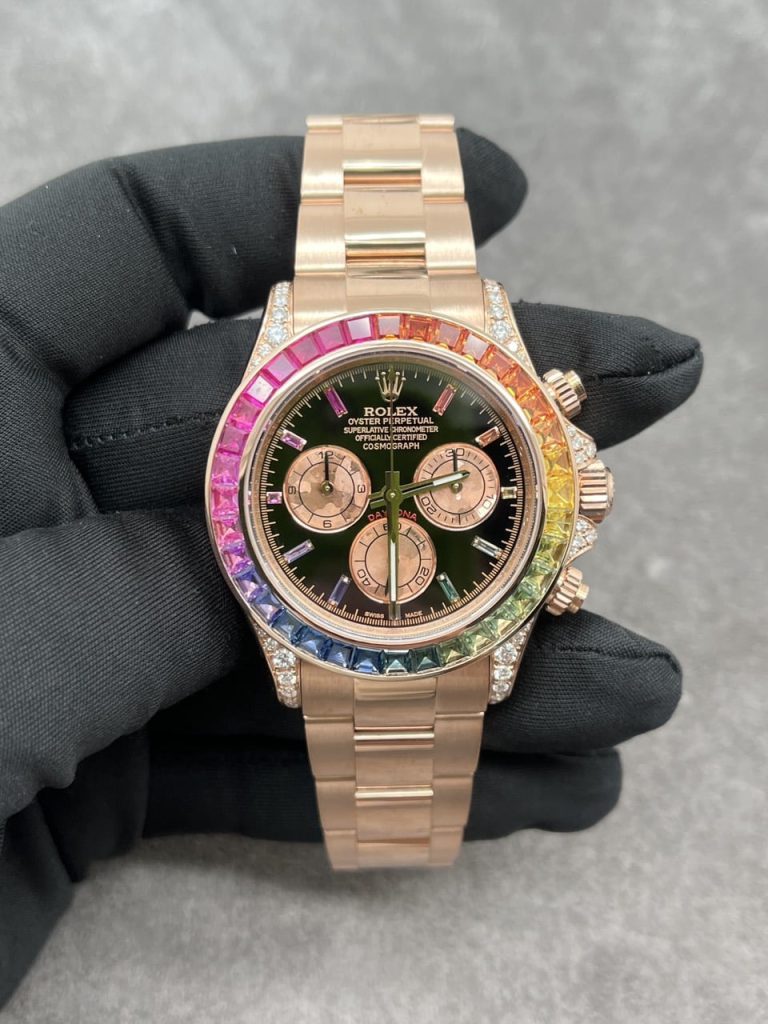 Rolex Daytona Rainbow M116595R 40mm 18K Solid Gold (Super Clone) Black Dial with Rainbow Gemstone Bezel – Super Clone Calibre 4130