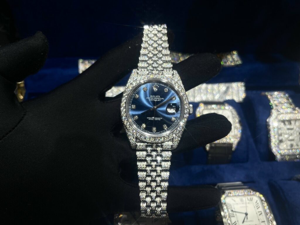 Rolex DateJust 41mm SS (Super Clone) Blue Dial with Full Diamonds Moissanite Bezel – Rolex 3135 Clone
