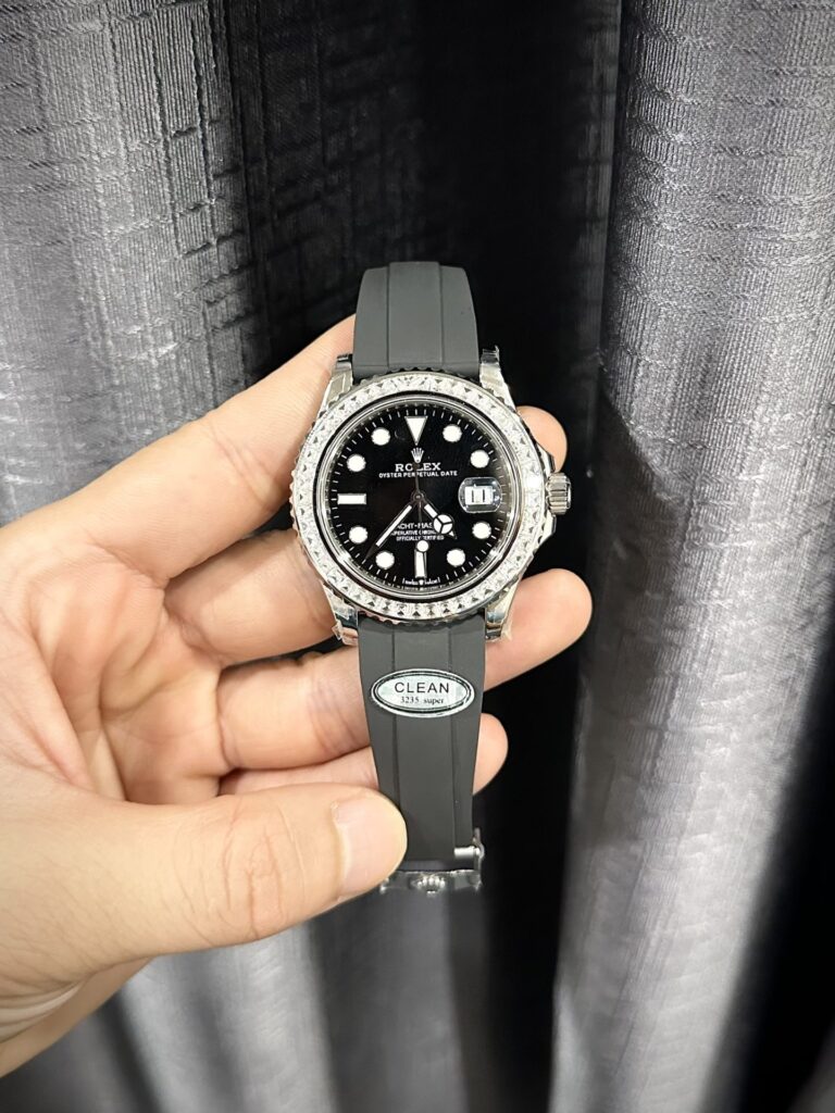 Rolex Yacht-Master 40mm SS (Clean Factory Super Clone) Custom Moissanite Diamonds Black Dial – Clone Calibre 3135 Automatic