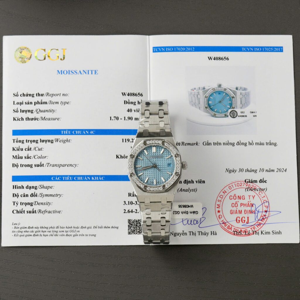 Audemars Piguet Royal Oak 34mm (Super Clone) Ice Blue Dial with Diamond Bezel – Moissanite Accents