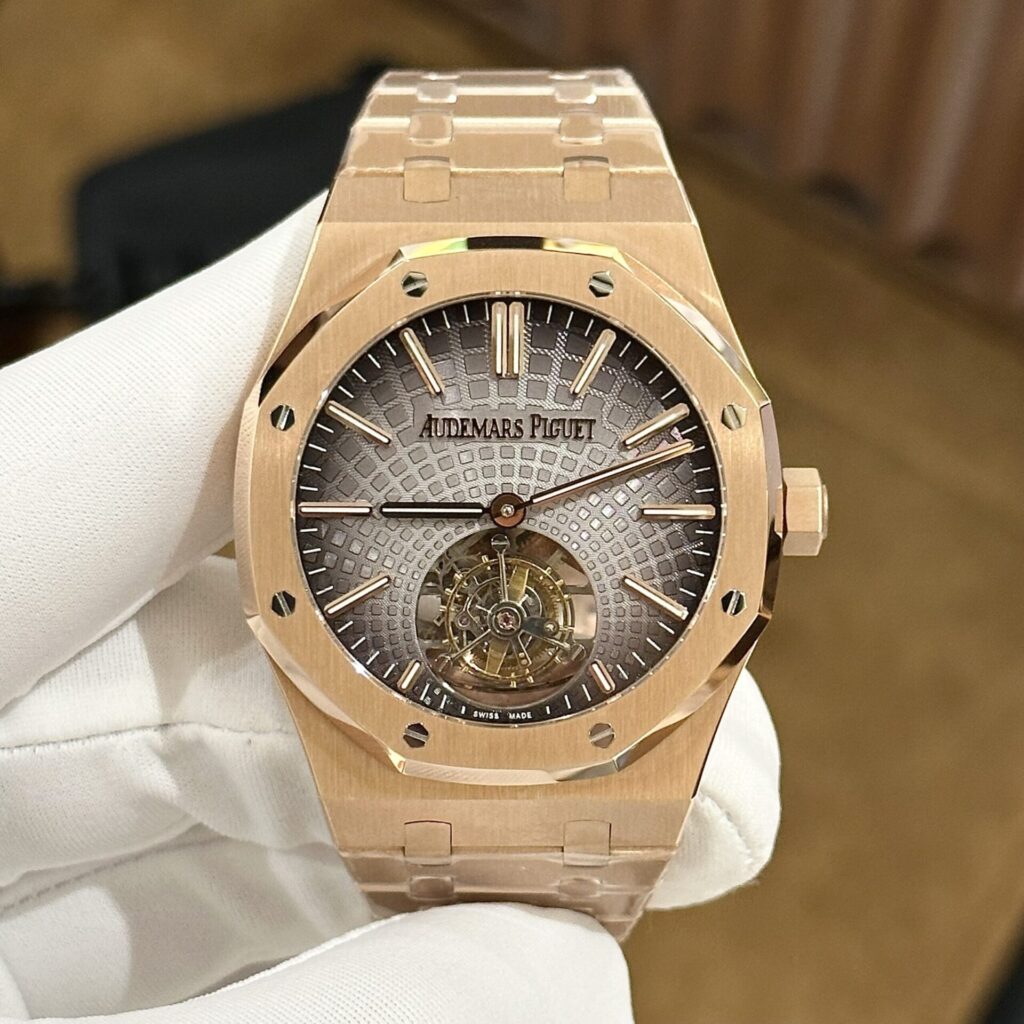 Audemars Piguet Royal Oak Tourbillon 41mm Rose Gold (Best Super Clone) Skeleton Dial on 316L Stainless Steel Bracelet Plated with 18K Rose Gold – AP Calibre 2924
