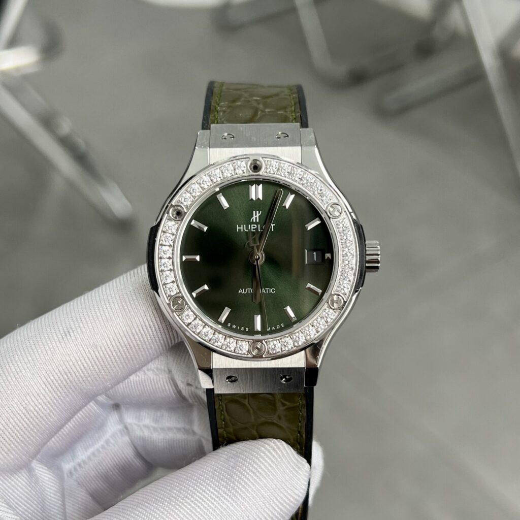 Hublot 11 Watch 38mm (HB Factory Super Clone) Green Dial with Diamond Bezel