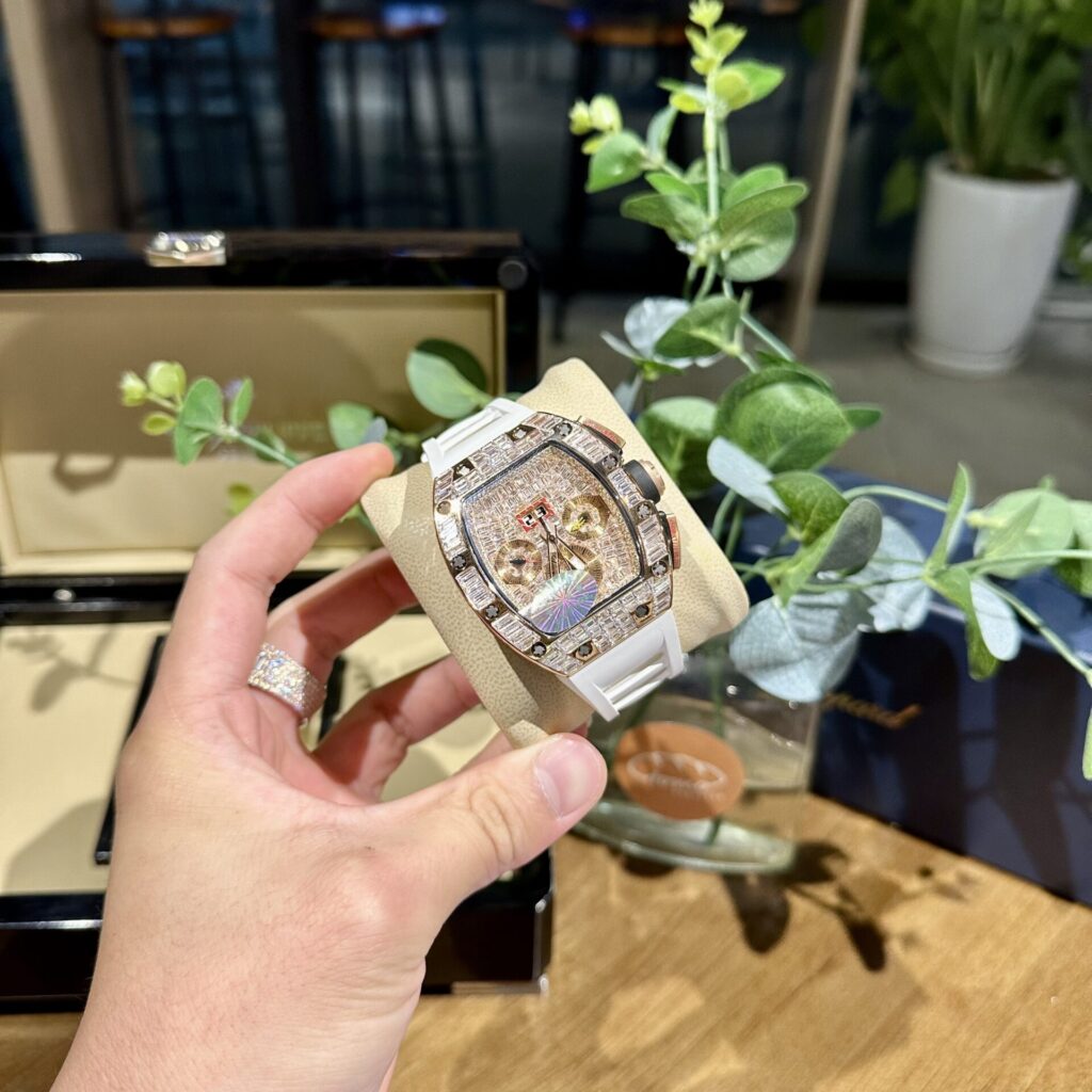 Richard Mille RM011 44mm (Super Clone) Full Diamond on White Rubber Strap