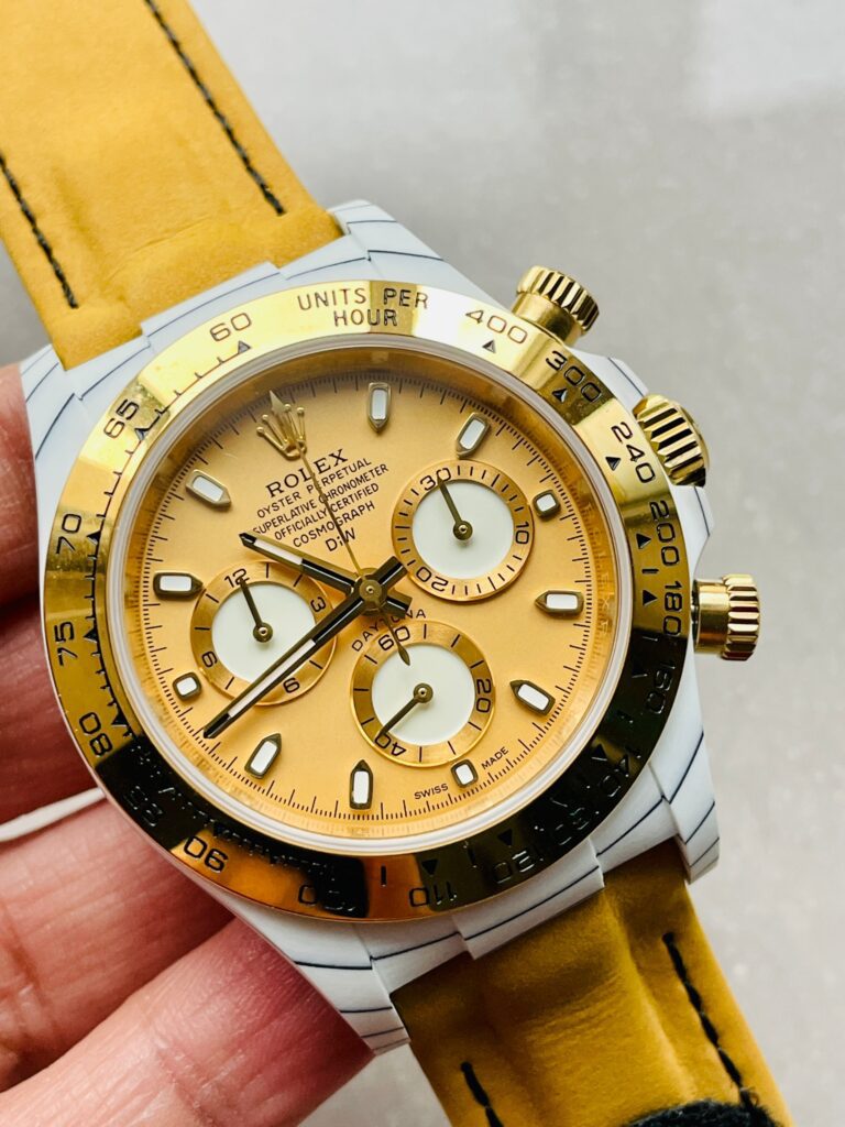 Rolex Daytona DIW (White Carbon/YG DIWF Best Edition) 40mm White Carbon Case on Black Nylon Strap – A7750 Super Clone