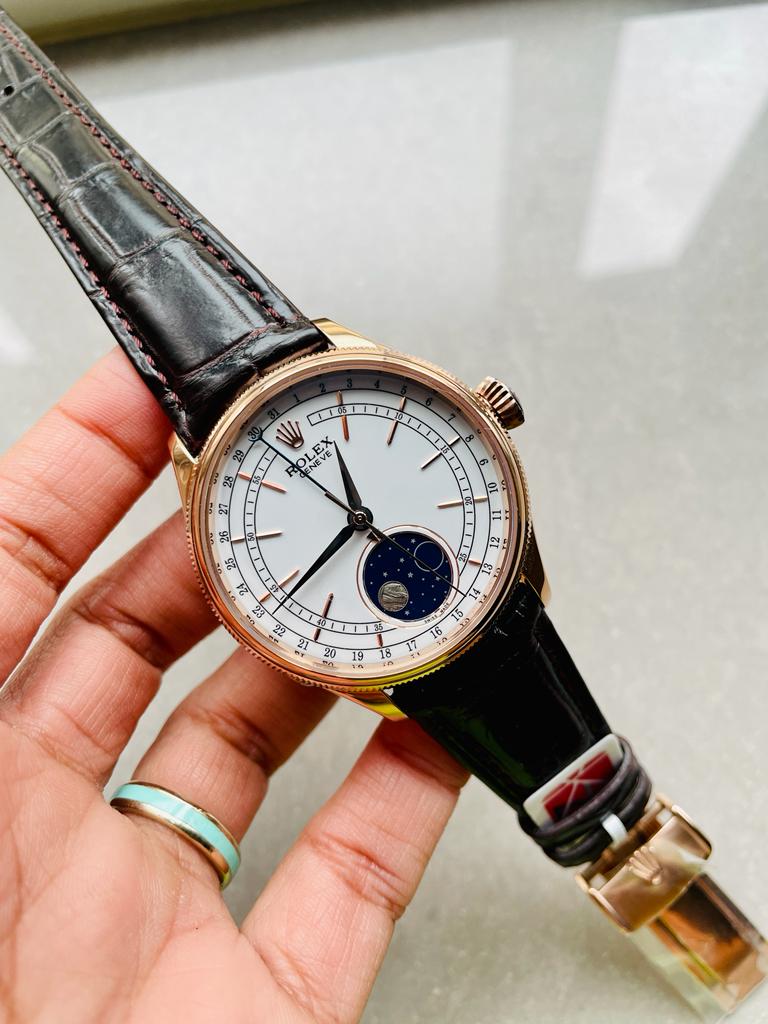 Rolex Cellini Moonphase 50535 RG 39mm Rose Gold (KZF Asia 3195 Mod Super Clone) White Dial on Leather Strap – 28800 BPH