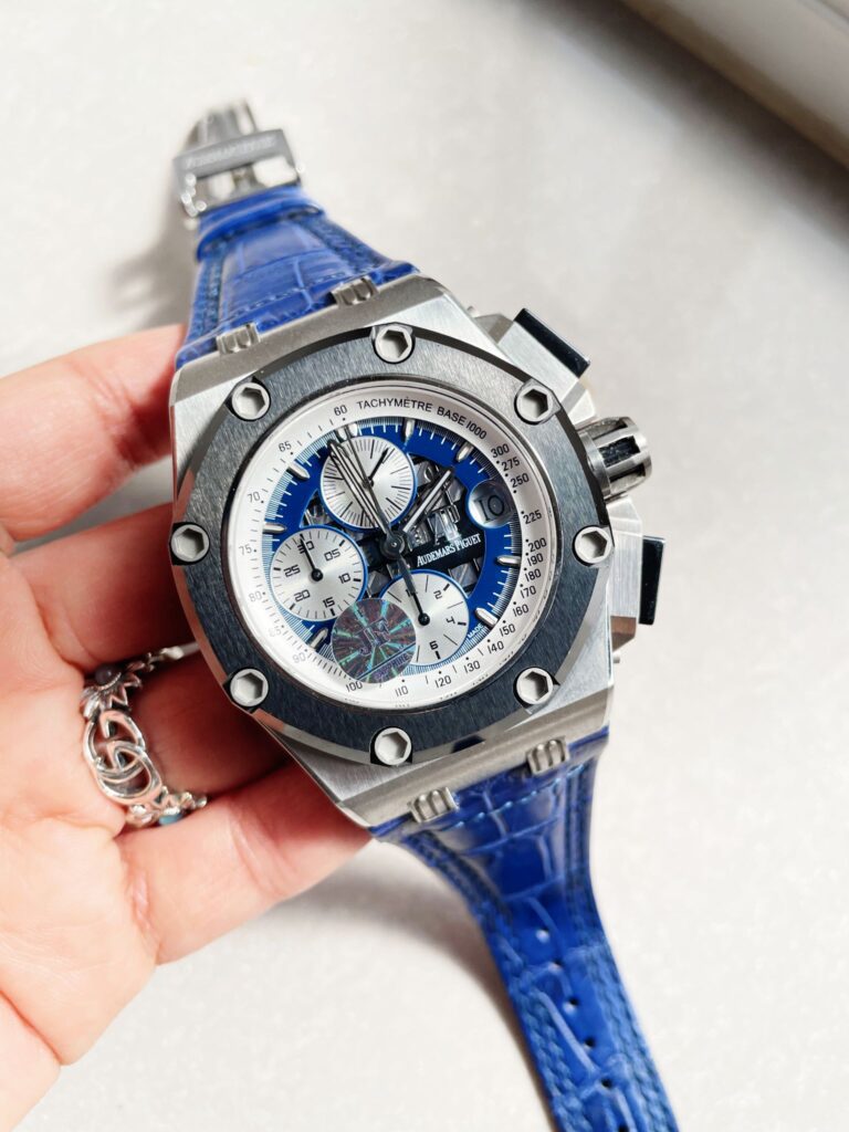 Audemars Piguet Royal Oak Offshore Rubens Barrichello II 26078PO 44mm Platinum (Super Clone) Blue Dial on Blue Leather Strap – AP Caliber 2326/2840