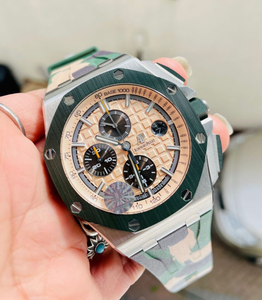 Audemars Piguet Royal Oak Offshore Chronograph “CAMO” 26400SO 44mm SS (Super Clone) Beige Textured Dial on Camouflage Rubber Strap – Calibre 3126/3840