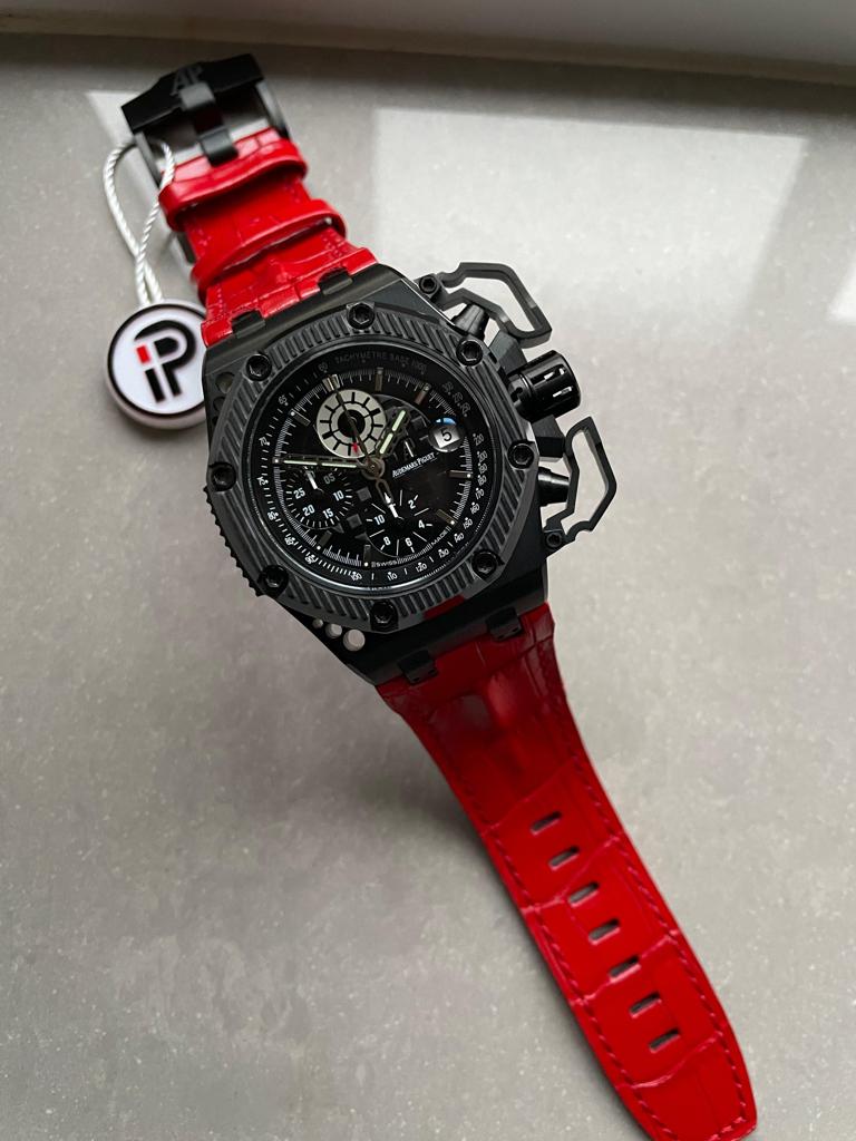 Audemars Piguet Royal Oak Offshore Survivor 42mm Black Ceramic (IPF 1:1 Limited Edition) Black Dial on Red Leather Strap – A7750 Super Clone