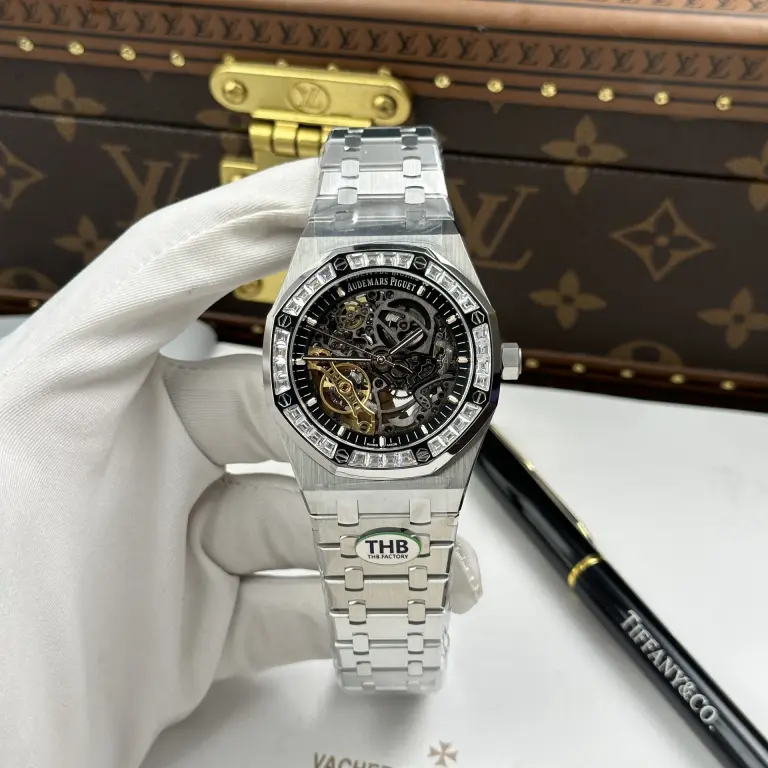 Audemars Piguet Royal Oak Openworked Frosted 15412 41mm SS (Super Clone) Skeleton Dial with Stone Baguette Bezel