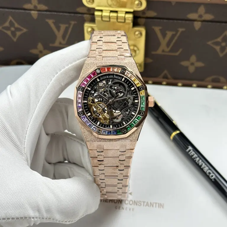 Audemars Piguet Royal Oak Openworked 15412 41mm Frosted Case (Super Clone) Rose Gold Bezel with Stone Baguette – AP Caliber 3132