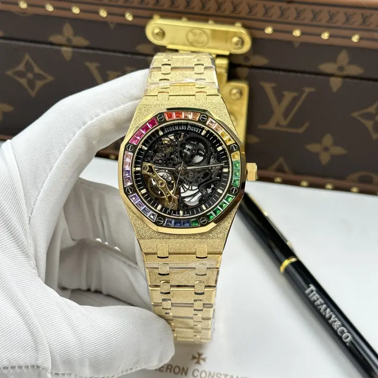 Audemars Piguet Royal Oak Openworked 15412 41mm SS (Super Clone) Yellow Stone Baguette Bezel – Frosted Case