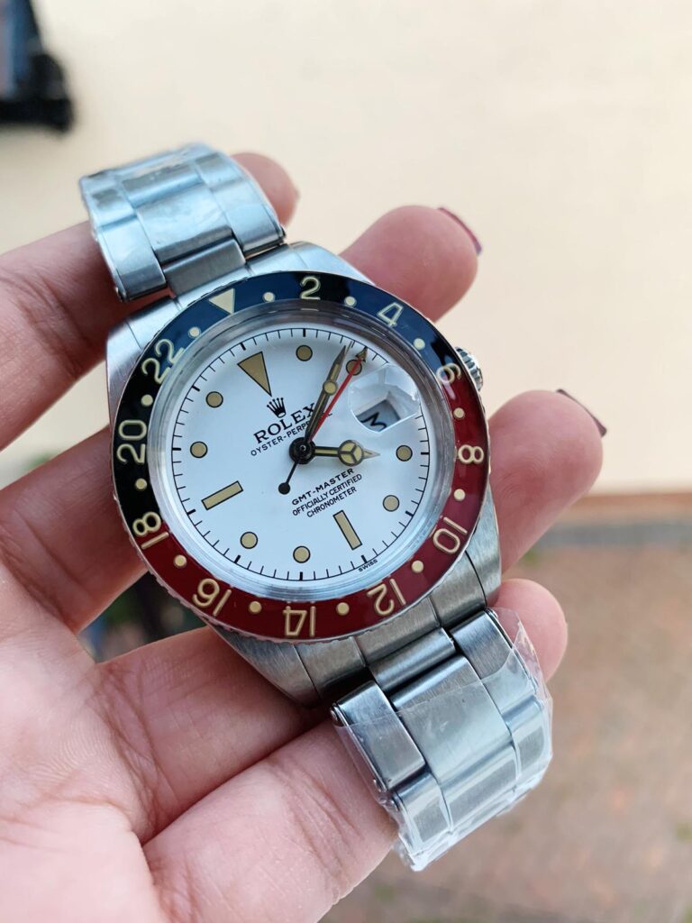 Rolex GMT-Master 6542 40mm SS (A2836 Super Clone) Black/Red Bezel on Stainless Steel Bracelet – White Dial