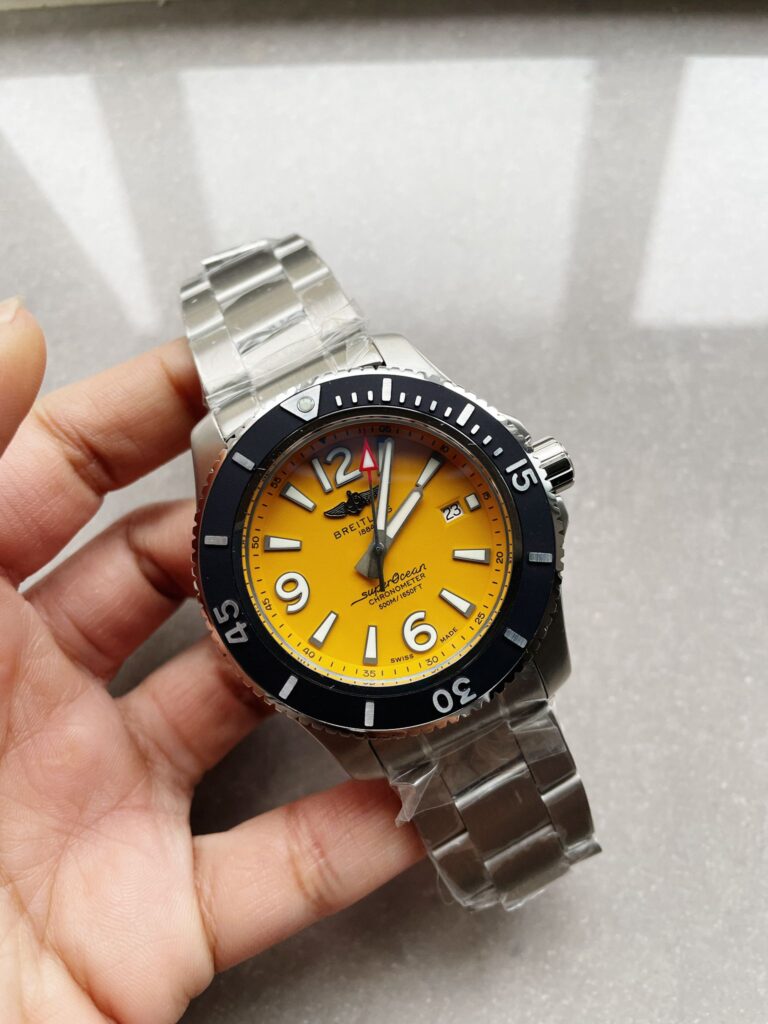 Breitling Superocean Automatic 44 TF (1:1 Best Edition) Yellow Dial Black Bezel on Stainless Steel Strap – A2824 Super Clone