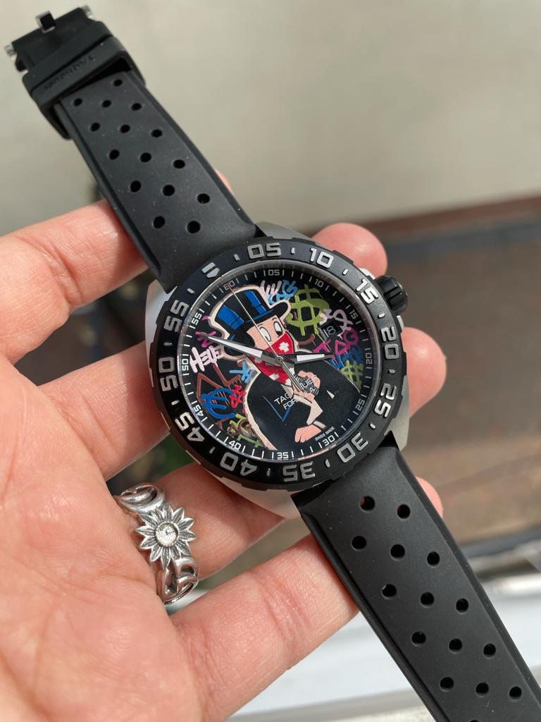 TAG Heuer Formula 1 ALEC Monopoly Special Edition 41mm Brushed Stainless Steel (Super Clone) Black Dial with Alec Monopoly Art on Silicone Strap – TAG Heuer Quartz Movement