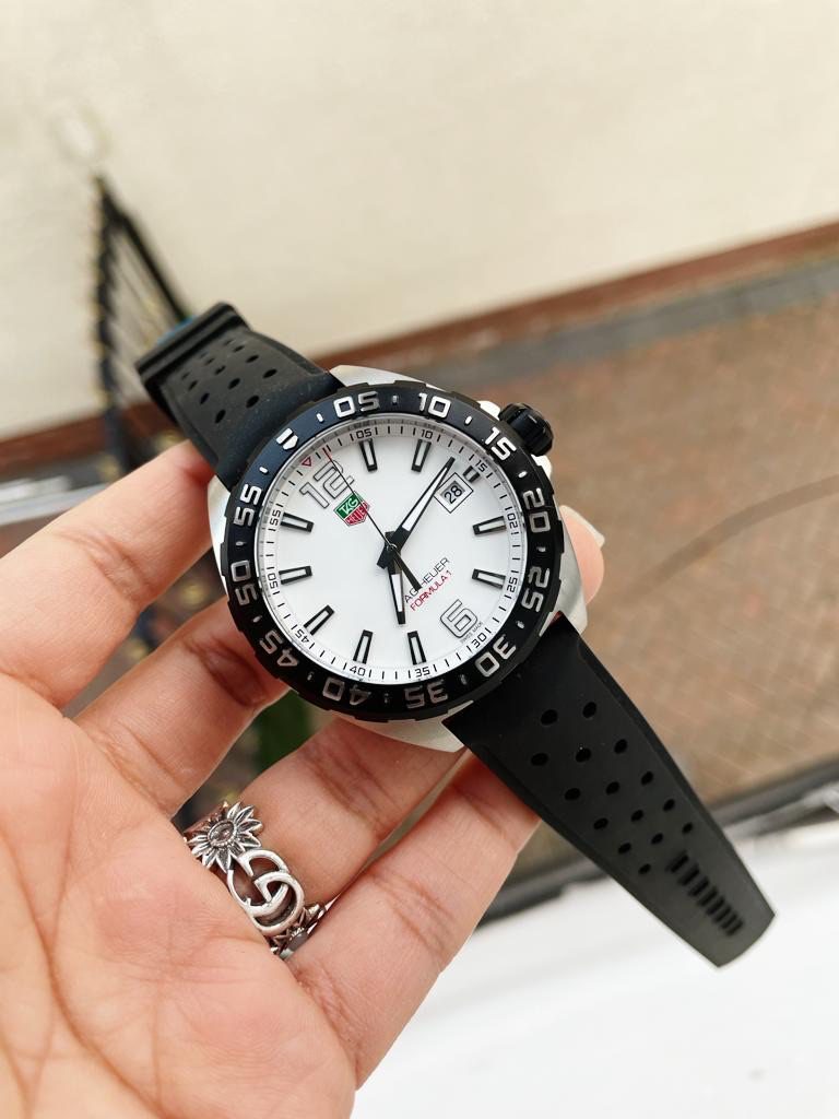 TAG Heuer Formula 1 43mm SS (Swiss Rhonda Quartz Super Clone) White Dial on Rubber Strap – Deployment Clasp