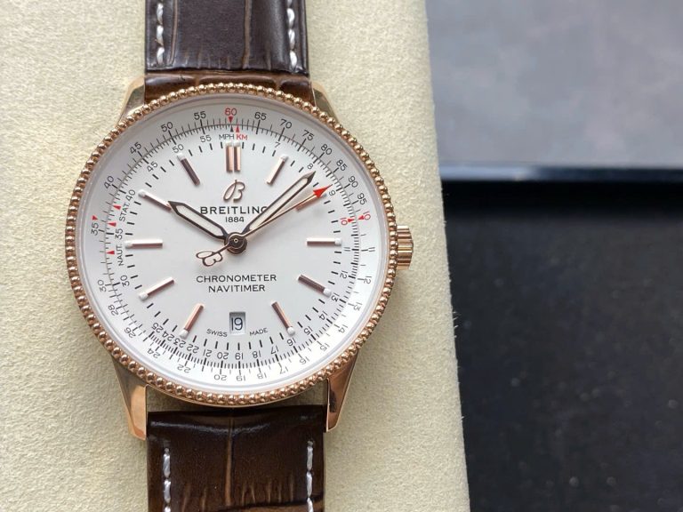 Breitling Navitimer Rose Gold 41mm (BLS Factory Super Clone) White Dial on Leather Strap – Automatic Chronograph