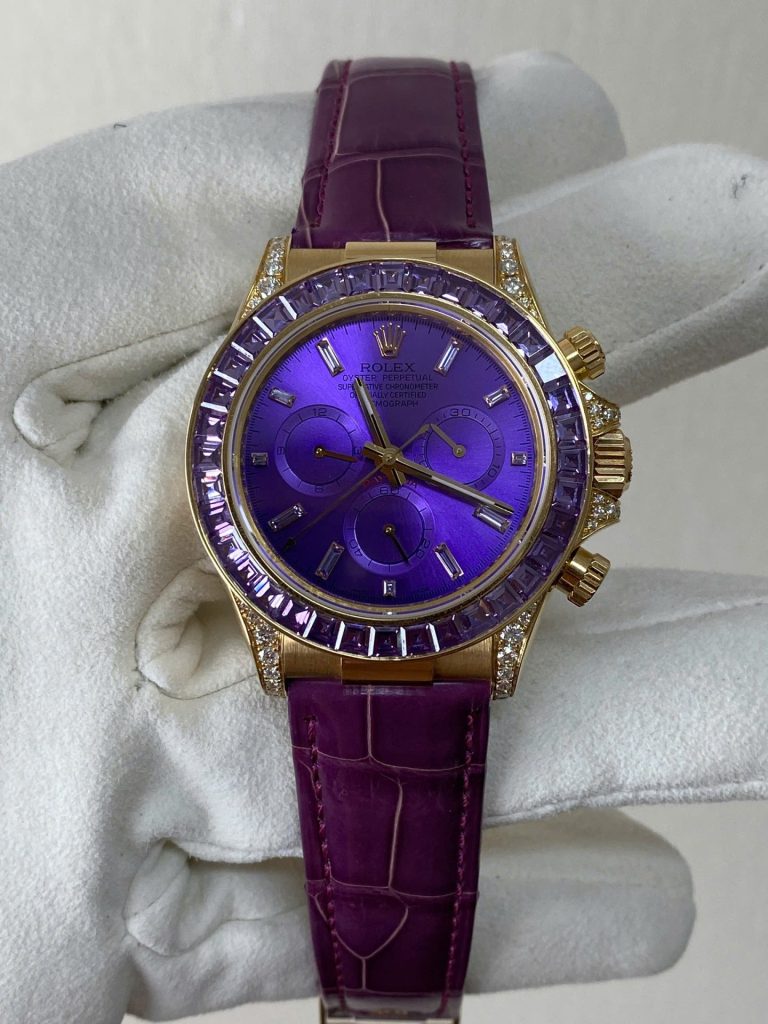 Rolex Cosmograph Daytona Purple Custom 40mm 18K Solid Gold (Super Clone) Natural Gemstone Bezel – Calibre 4130 Automatic