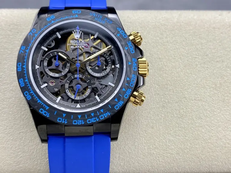 Rolex Daytona Blaken Skeleton Dial 40mm SS (Super Clone) Blue Rubber Strap – Automatic Chronograph 28,800 vph