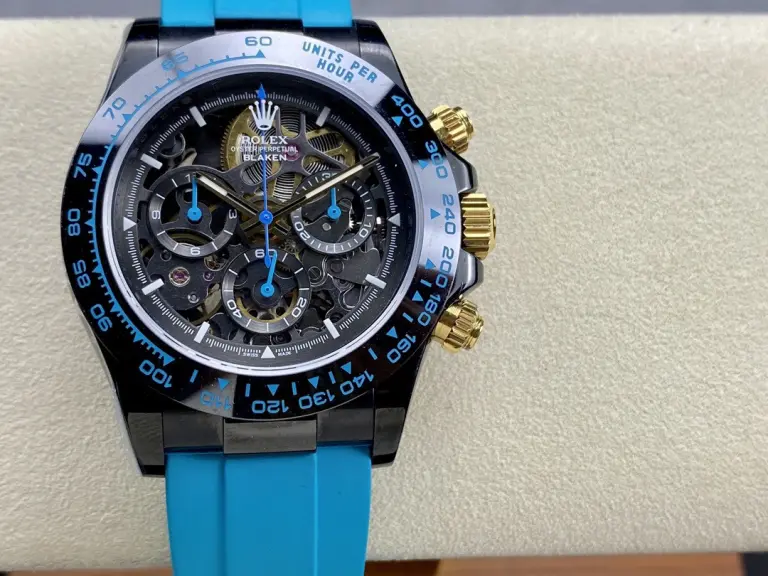Rolex Daytona (Blaken) Skeleton Dial 40mm SS (Super Clone) Rubber Strap Cyan – Swiss Automatic Chronograph