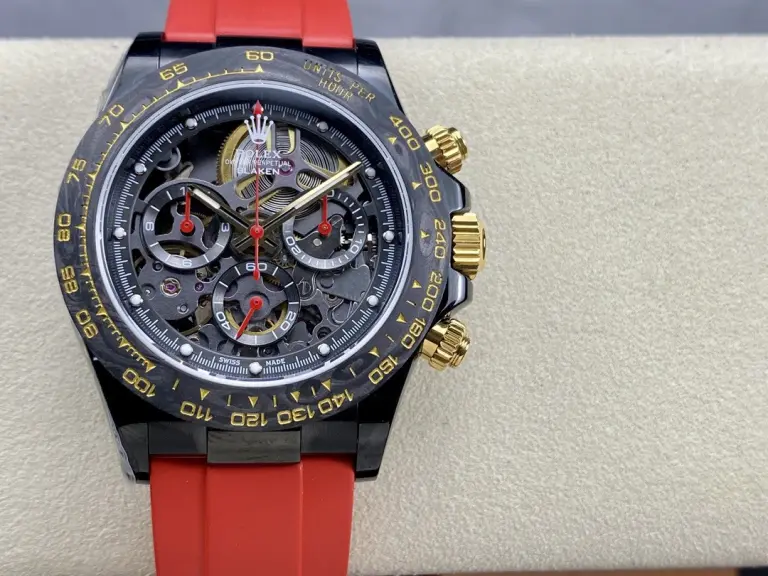 Rolex Daytona By Blaken 40mm SS (Super Clone) Skeleton Dial on Red Ceramic Bezel with Rubber Strap